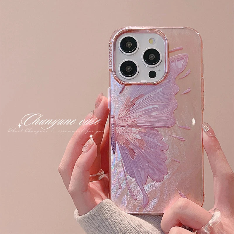 Luxury Pink Butterfly Laser Glitter Phone Case For iPhone 11 12 13 14 15 16 Pro Max Plus Pro Max Fashion Shockproof Bumper Cover