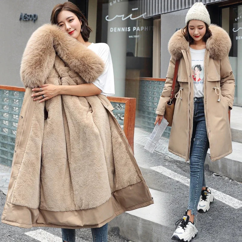 2024 New Women's Winter Parka Jacket, Long Coat with Wool Lining, Hooded Jacket with Fur Collar, Thick Warm Snow Wear, Fashion Parka