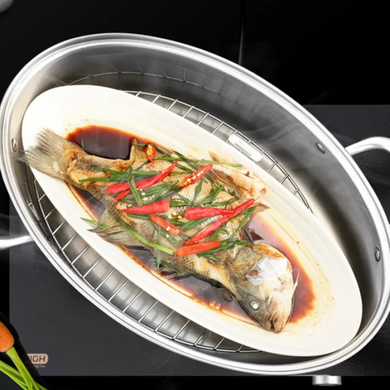 Household Oval Fish Steamer Stainless Steel Soup Steamer Pan Multifunctional Kitchen Steaming Fish Pot with Transparent Cover