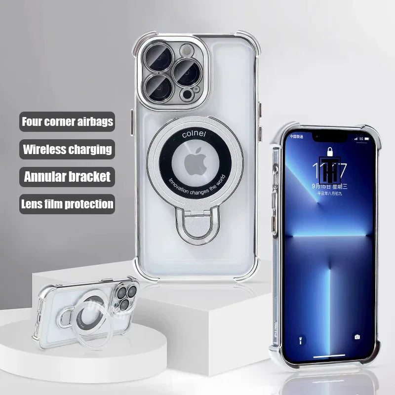 Luxury Golden Platinum TPU Ring Stand Transparent Phone Case for iPhone 16 15 14 13 11 12 Pro Max Plus - Magsafe Magnetic Protective Cover