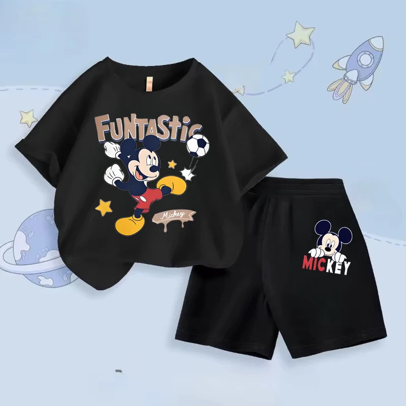 Disney Mickey Printed Set Kids Short Sleeve T-Shirt And Shorts 2-Piece Outfits Baby Boys Suit Children's Casual Summer Clothes