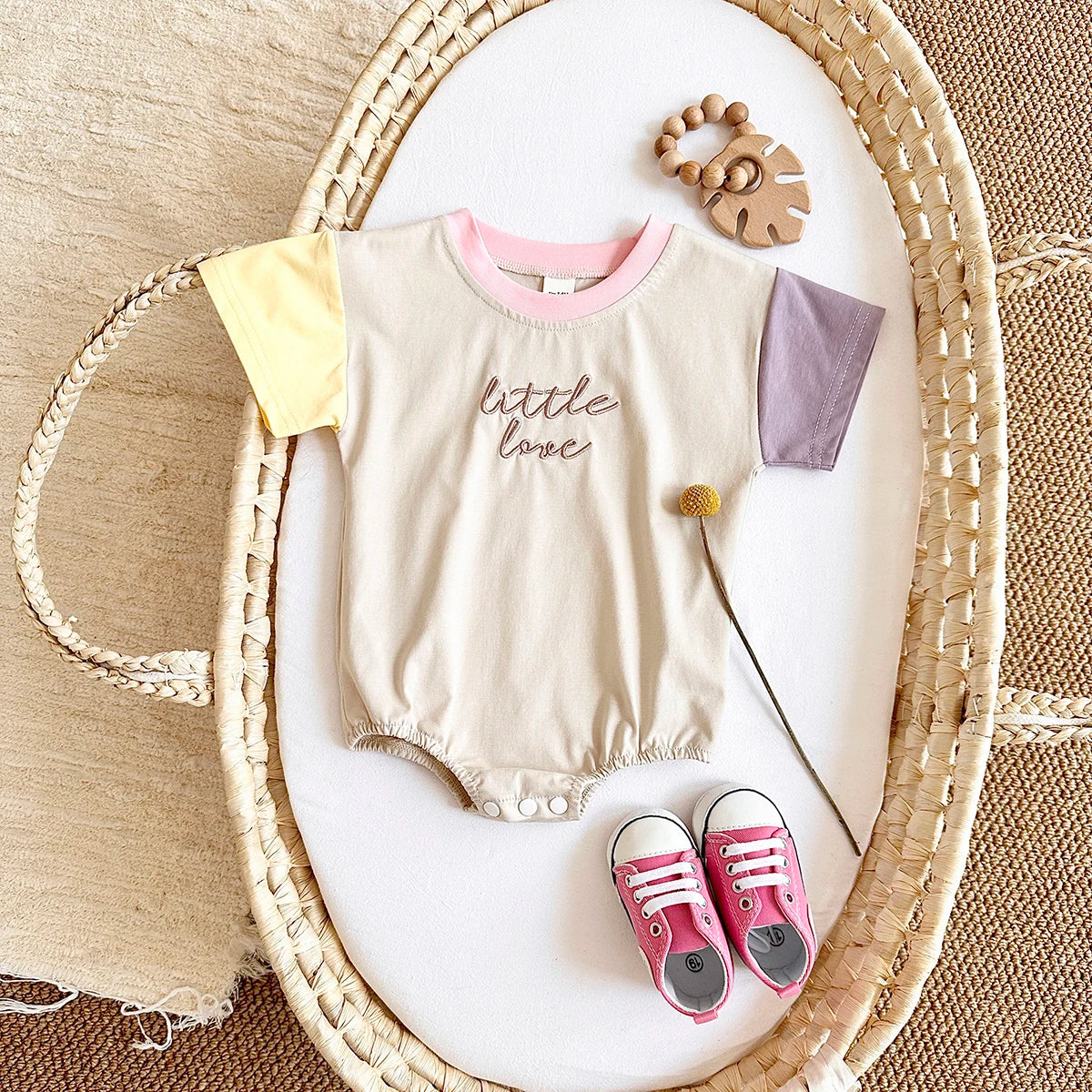 INS Newborn Girls Romper Short Sleeved Letter Embroidered Color Block Jumpsuit Baby Boys Clothes Summer Infant 0-18M