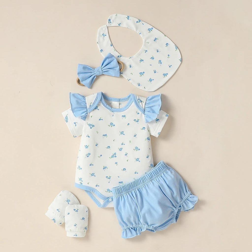 5PCS Girls Baby short Sleeve Printing Flower Cute For Daily BodySuit +Bow headwear+Bib+Gloves
