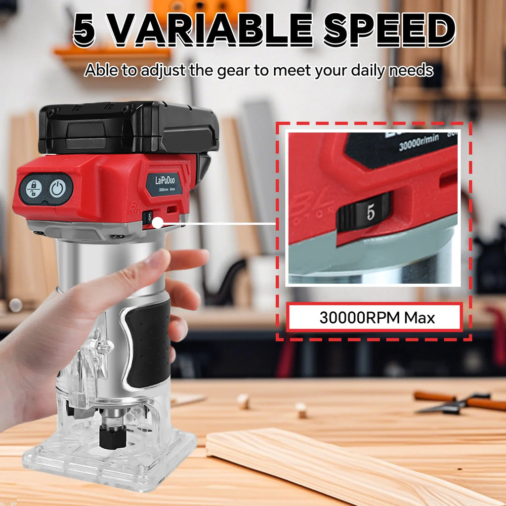 Cordless Wood Router 800W 30000RPM Brushless Electric Trimmer Woodworking Trimming Machine for Milwaukee 18V Battery(No Battery)