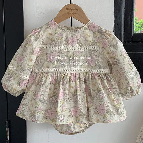 2024 New Spring 0-24M Children Clothes Korean Style Climbing Suit Long Sleeved Cotton Lace Splicing Toddler Baby Girl Romper