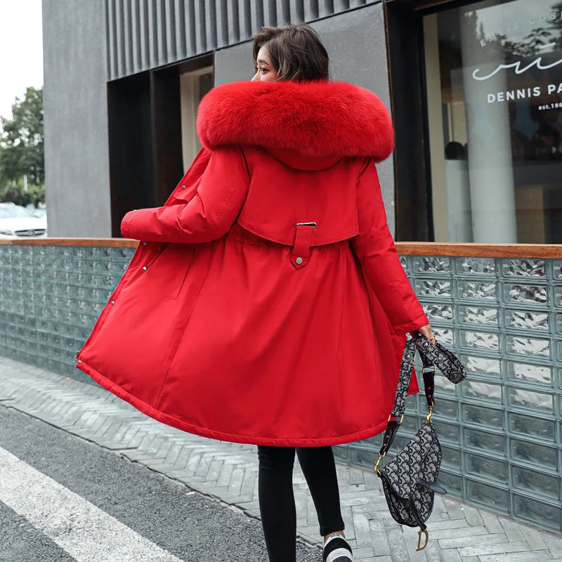 2024 New Women's Winter Parka Jacket, Long Coat with Wool Lining, Hooded Jacket with Fur Collar, Thick Warm Snow Wear, Fashion Parka