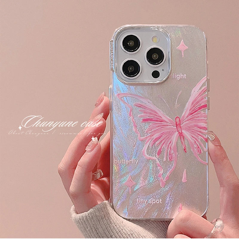 Luxury Pink Butterfly Laser Glitter Phone Case For iPhone 11 12 13 14 15 16 Pro Max Plus Pro Max Fashion Shockproof Bumper Cover
