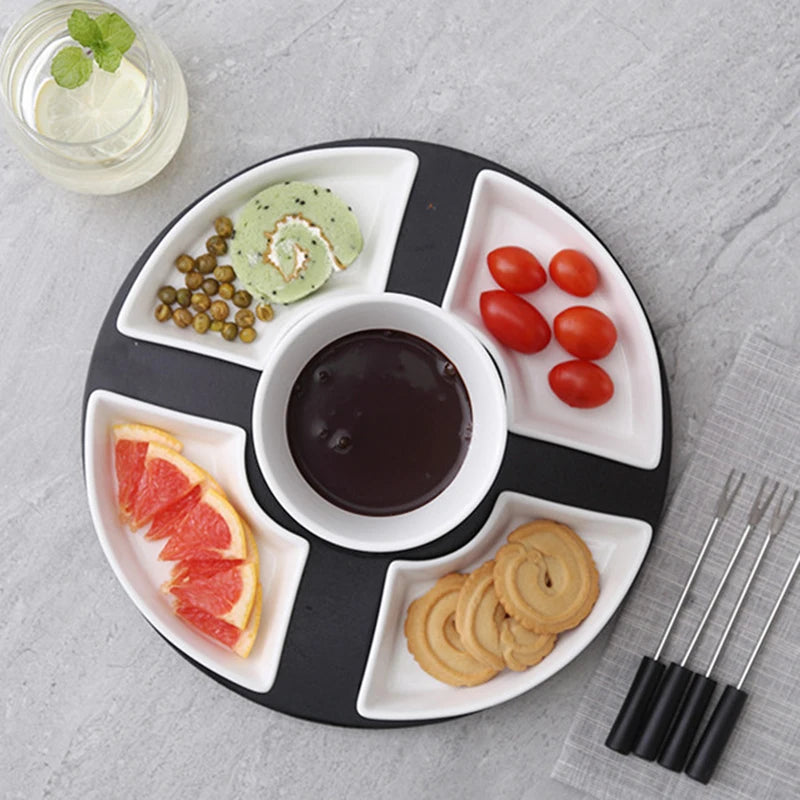 White Ceramic Chocolate Fondue Pot with 4 Dishes Forks Porcelain Diy Fondue Serving Set for Cheese, Chocolate, Icecream