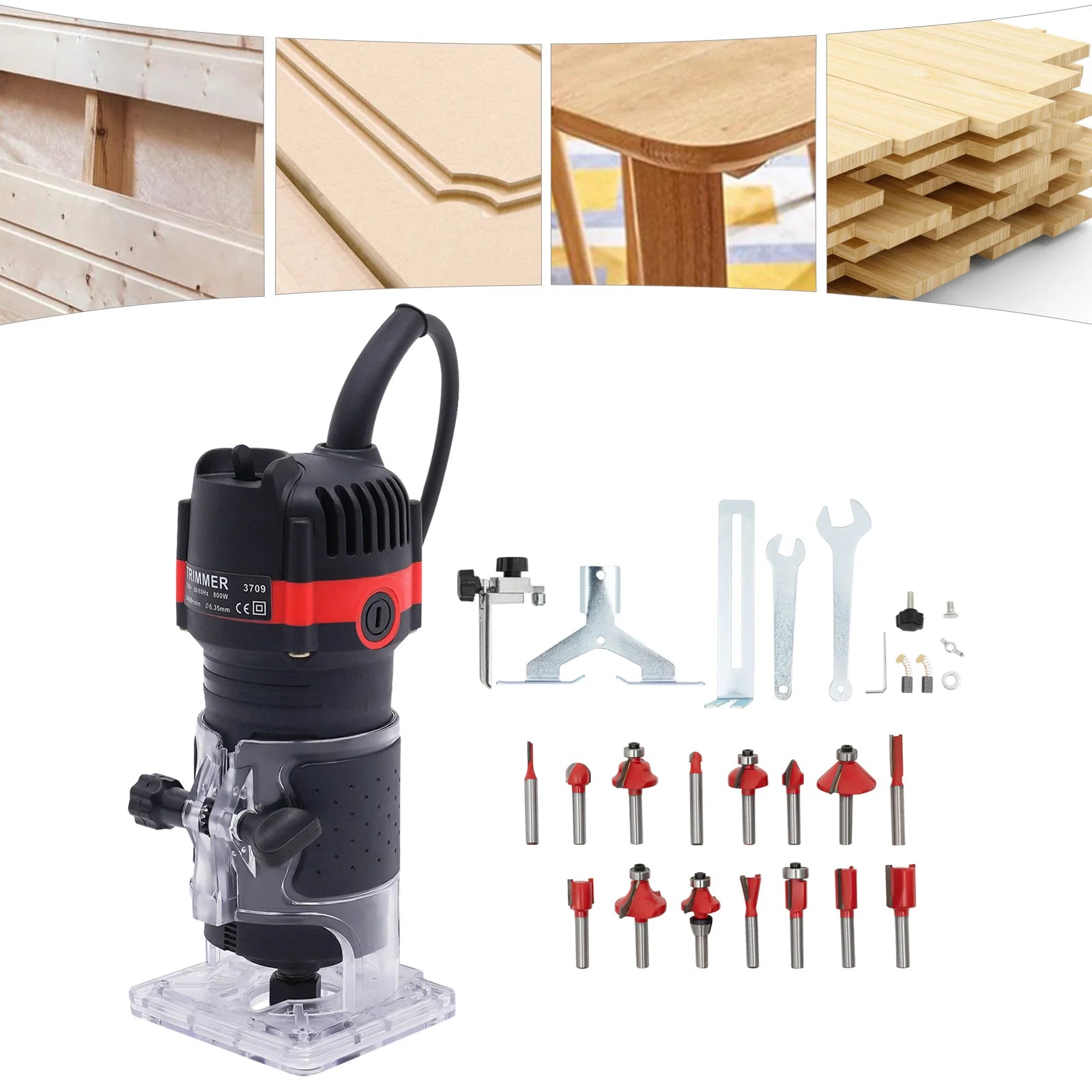 Router Tool with 800W Motor, 15 Collets, Adjustable Depth, for Grooving, Trimming, and Woodworking Projects