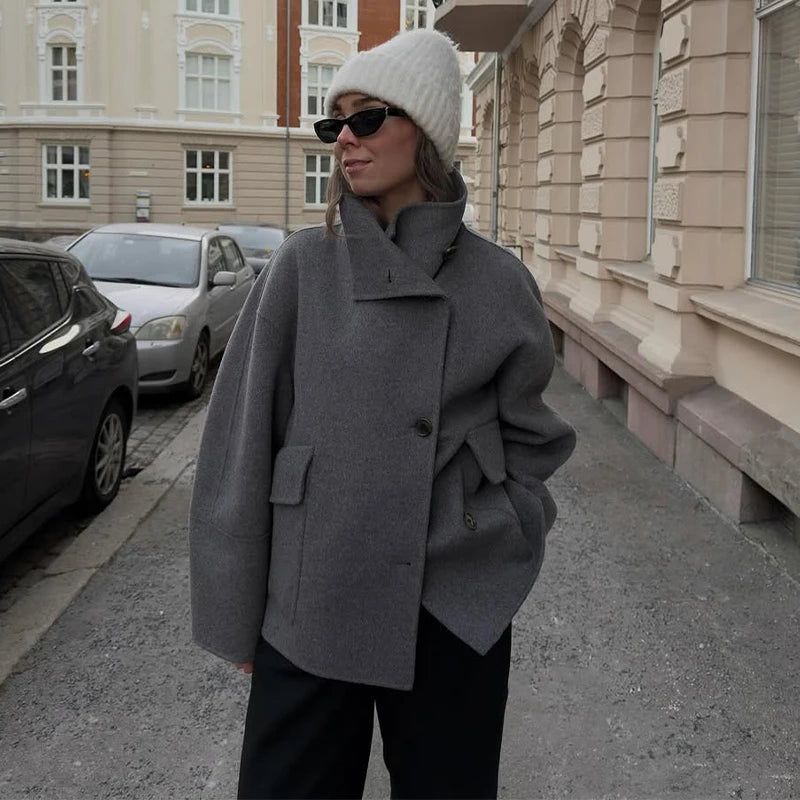 Casual Women's Short Woolen Coats Loose Lapel Single-breasted Long Sleeve Thick Jacket 2025 Autumn Winter Lady Elegant Outwear