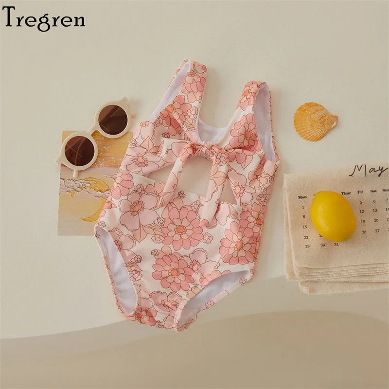 Tregren Toddler Baby Girls Swimwear Summer Sleeveless Floral/Shell Print Hollow Bathing Suit Swimming Pool Hot Spring Swimsuit
