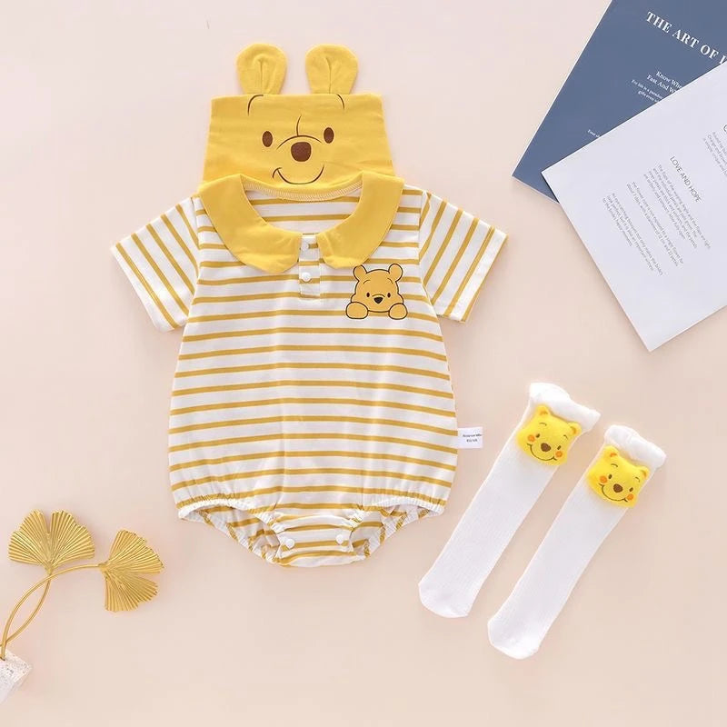 Girls Newborn Romper Socks 2pcs Clothes Set Baby Boys Cartoon Mickey Mouse Winnie The Pooh Cotton Jumpsuit Short Sleeve Bodysuit