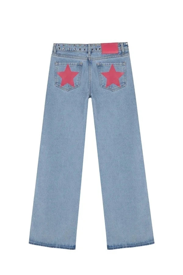 Women Y2K Vintage Jeans Patchwork Leopard Star Pattern Metal Rivet Jeans Female Baggy Casual Straight Leg Pants Women Clothing