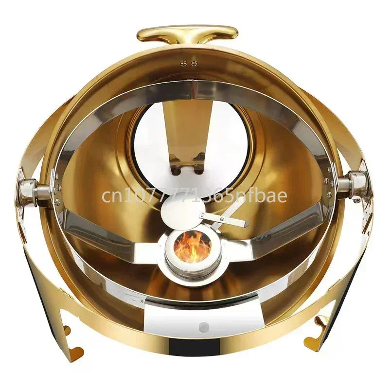 6L Large Roll Top Round Dining Silver Chafing Dish Food Warmer，Hotel Large Stainless Steel Gold Hot Pot