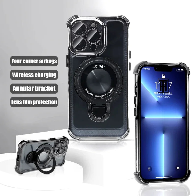 Luxury Golden Platinum TPU Ring Stand Transparent Phone Case for iPhone 16 15 14 13 11 12 Pro Max Plus - Magsafe Magnetic Protective Cover