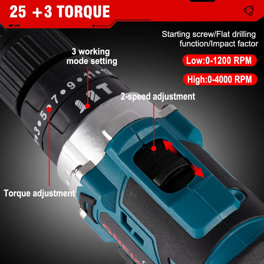 ONEVAN 1000W Brushless Electric Impact Drill 25+3 Torque 3 in 1 Cordless Screwdriver Power Tools For Makita Battery Pin
