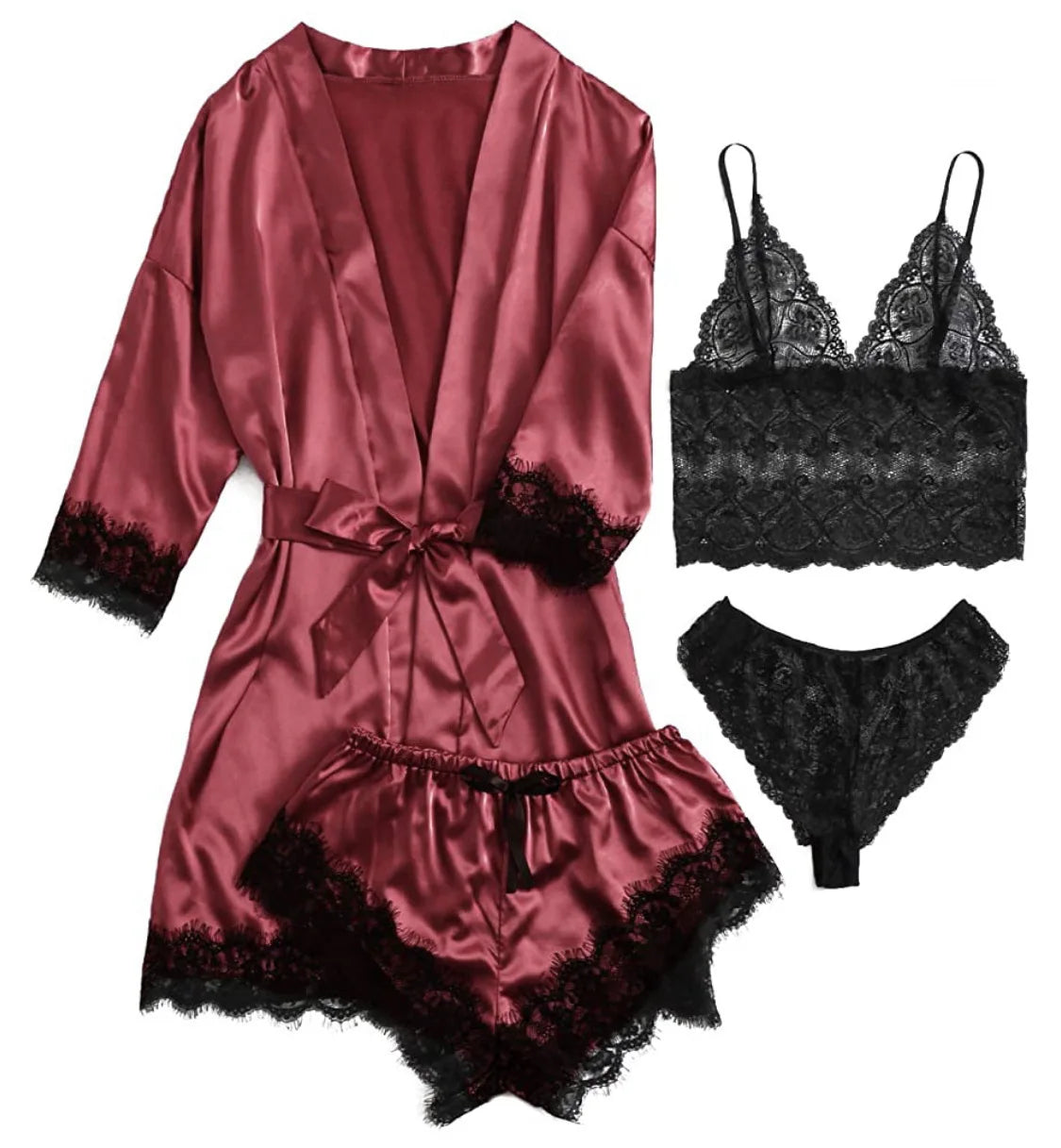 New Women's Sleepwear Set For Summer, A 4-piece Lace Camisole Home Outfit With A Robe, A Sexy V-neck Tie-sleeve Nightdress