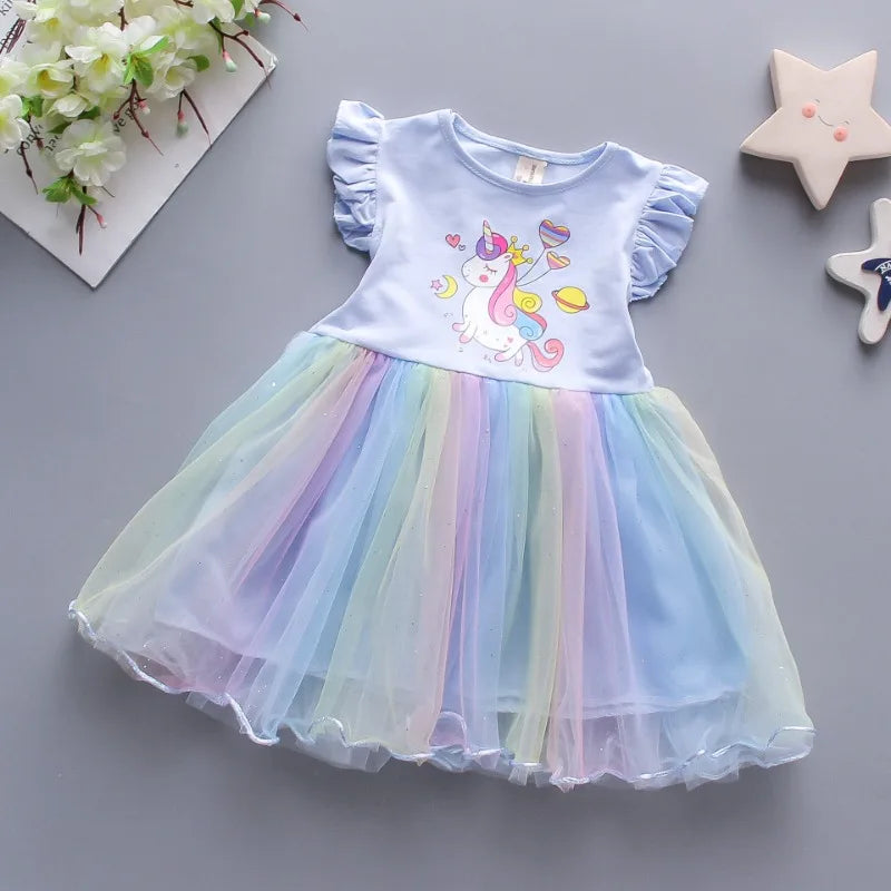 Summer Princess Unicorn Party Dress for Girls with Flying Sleeves Children's Clothing 3-8 Years Old Baby Dresses