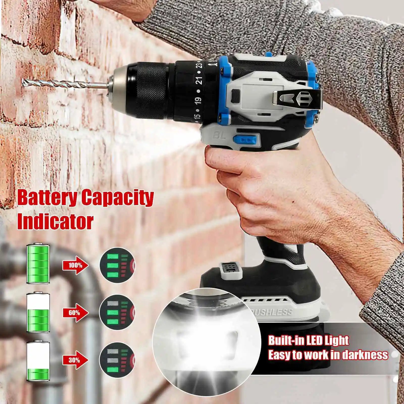 Brushless Cordless Drill Electric Screwdriver 3in1 Impact Drill With Light 2 Speeds 70Nm Power Tools For Makita 18V Battery