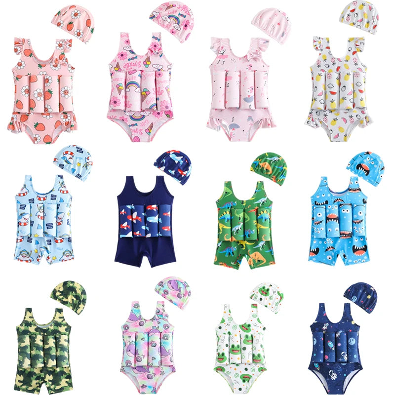 Children's Buoyancy Swimsuit One-piece Swimsuit for Kids Floating Rash Guards Cartoon Print Girls Boys Swimwear Swimming Clothes