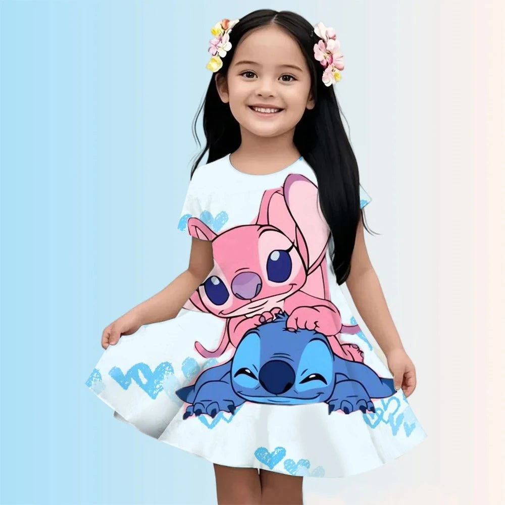 2025 Girls Stitch Dresses Princess Children's Clothing Cartoon Stitch Print Summer Fashion Baby Stitch Dress 3-14Y