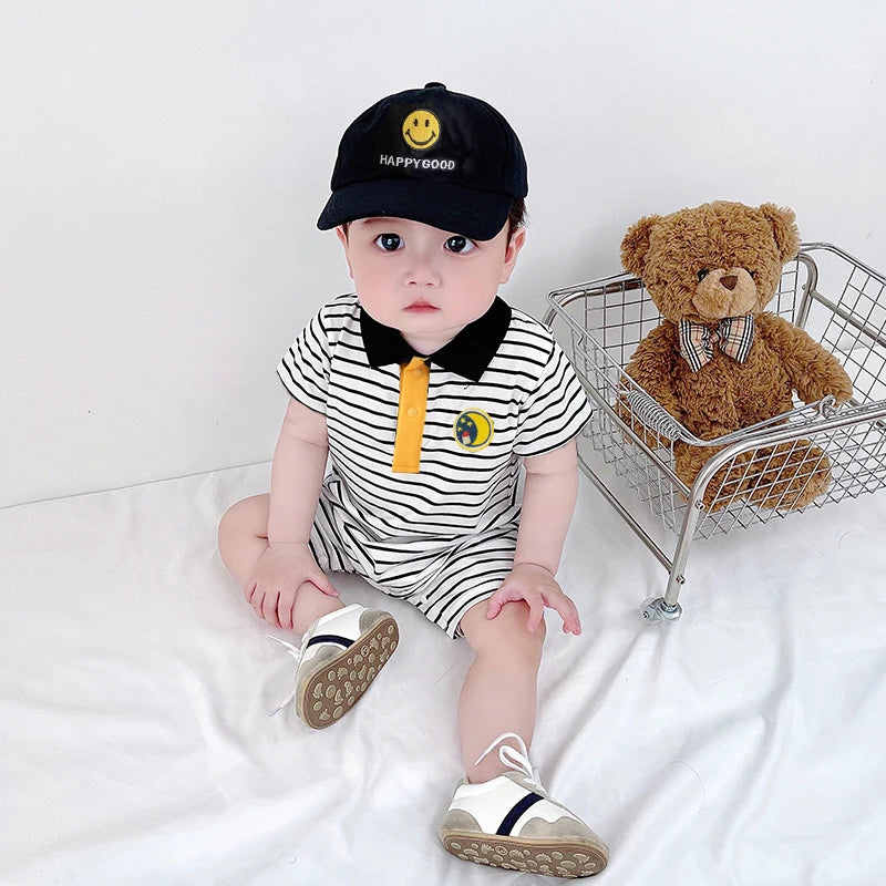 Baby boy preppy style jumpsuit striped jumpsuit summer newborn baby clothes summer handsome and stylish thin pure cotton short-
