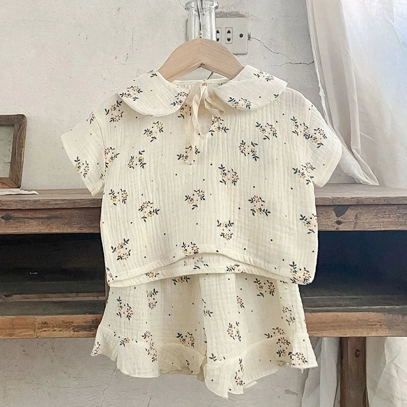 Korean Style Children Clothing Set Short Sleeved Cotton Printed T-Shirt+Shorts Newborn Baby Girls Clothing Suit For Summer