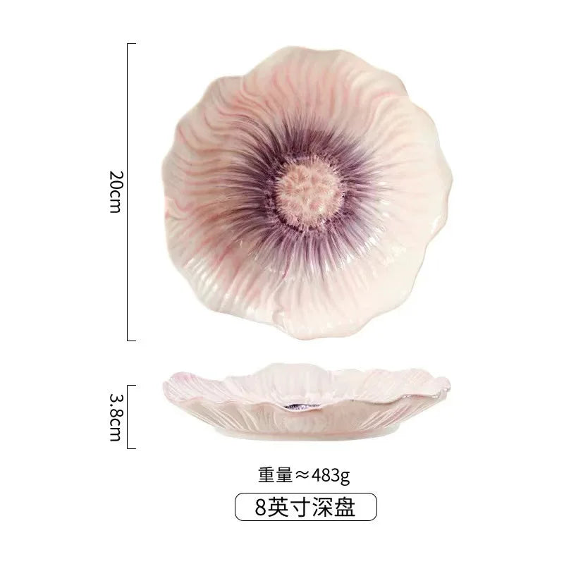 Pink Ceramic Flower Plate Dining Plates Decorative Bowl Dessert Plate Soup Bowls Water Cup Serving Plates Fruit Bowl Snack Bowls