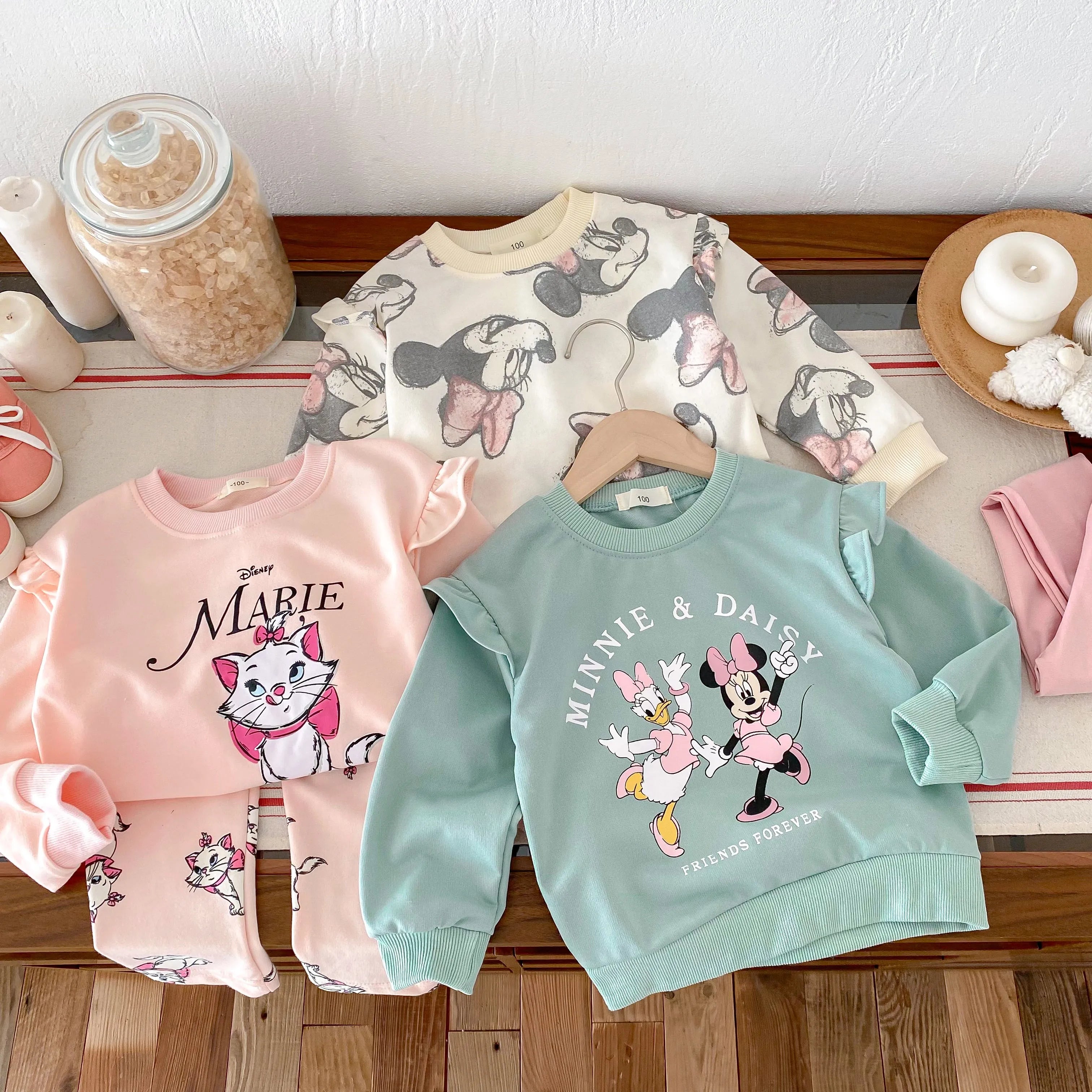 Lovely Cartoon Baby Girl Long Sleeve Suit Disney Cat Children Sweatshirts Set Tops + Leggings Girls Two Piece Set Autumn Clothes