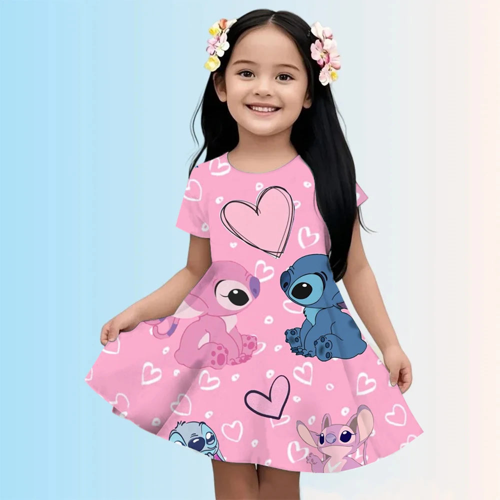 2025 Girls Stitch Dresses Princess Children's Clothing Cartoon Stitch Print Summer Fashion Baby Stitch Dress 3-14Y