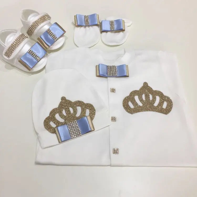 4pcs Take me Home Romper Set Baby Blanket Hat Gloves Shoes Set 39 week Pregnant Woman Photographyh Royal Crown Jewelry Suit