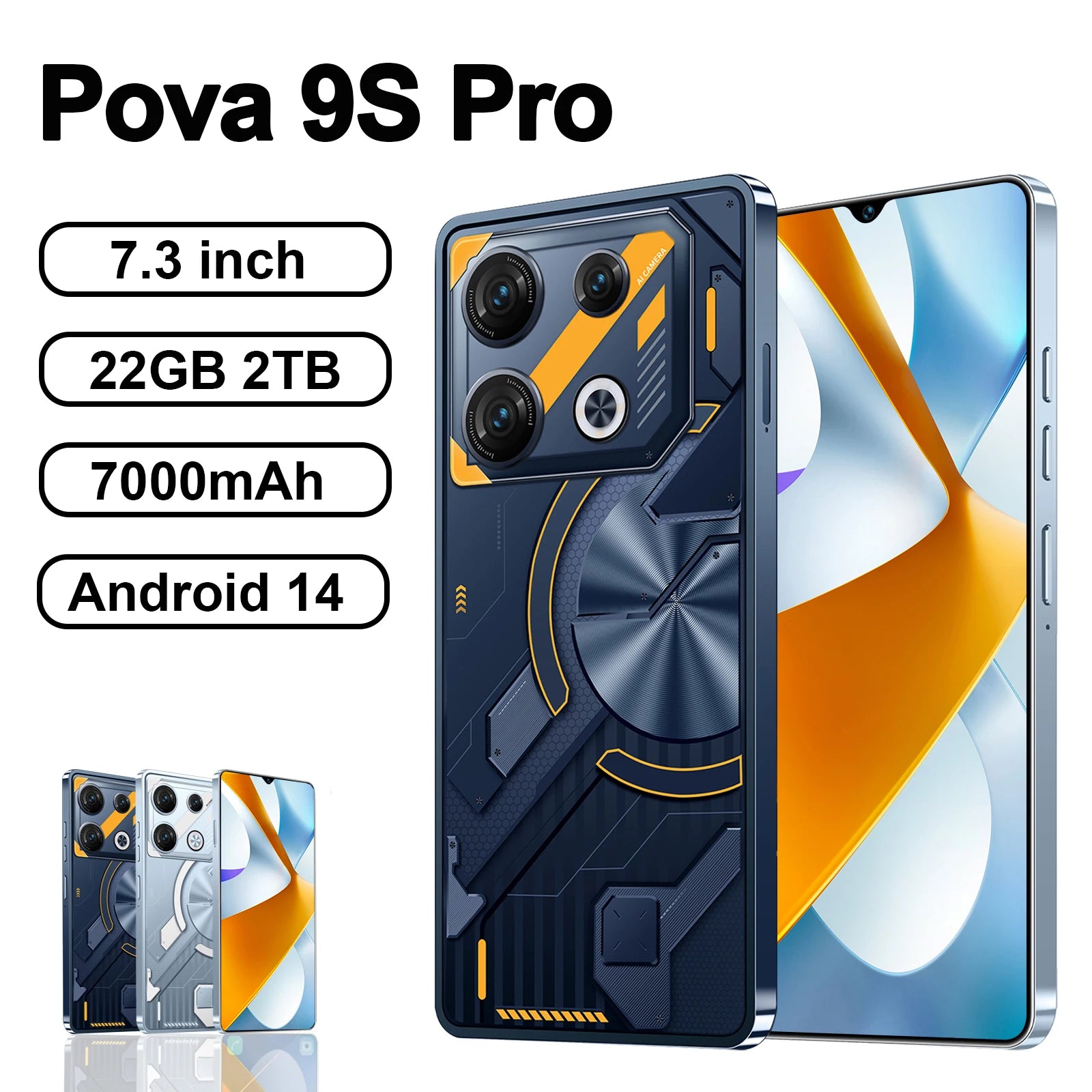 Original Pova 9S Pro Smartphone 5G 7.3inch HD 22G+2TB Cell Phone Dual SIM Mobile Phones 50+108MP 7000mAh Android 14 Unlocked NFC