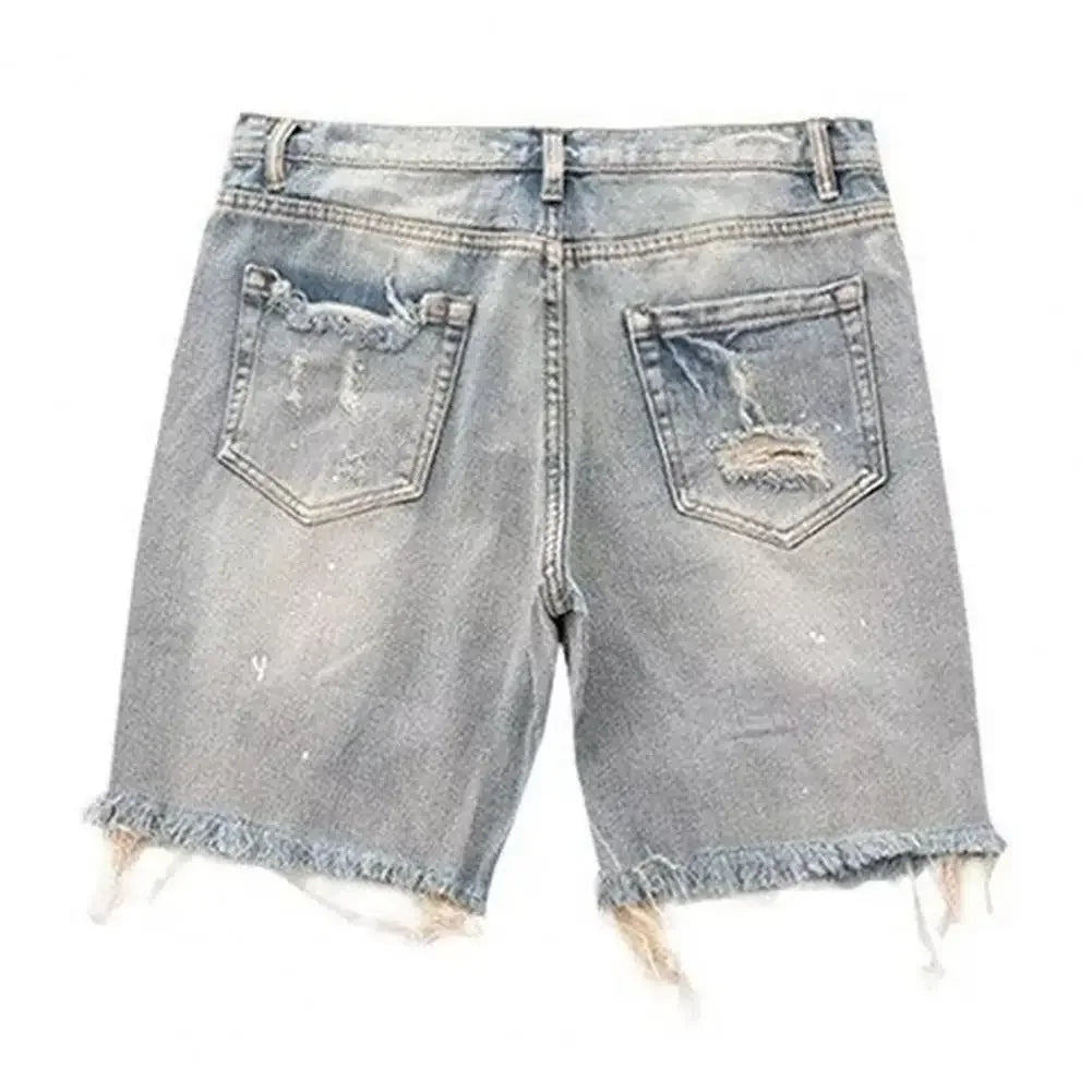 Deformed-resistant Denim Shorts Men's Summer Distressed Denim Shorts Straight Fit Ripped Holes Knee Length Jeans with Multi