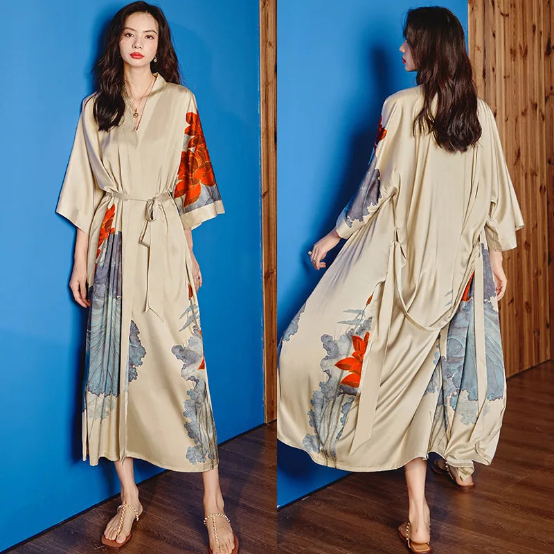 New Spring Summer Female Long Robe Nightgown Sexy Print Flower Kimono Bathrobe Gown Casual Silk Satin Home Dress Lounge Wear