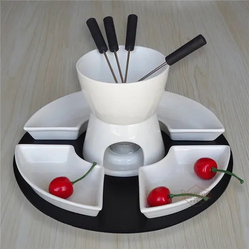White Ceramic Chocolate Fondue Pot with 4 Dishes Forks Porcelain Diy Fondue Serving Set for Cheese, Chocolate, Icecream
