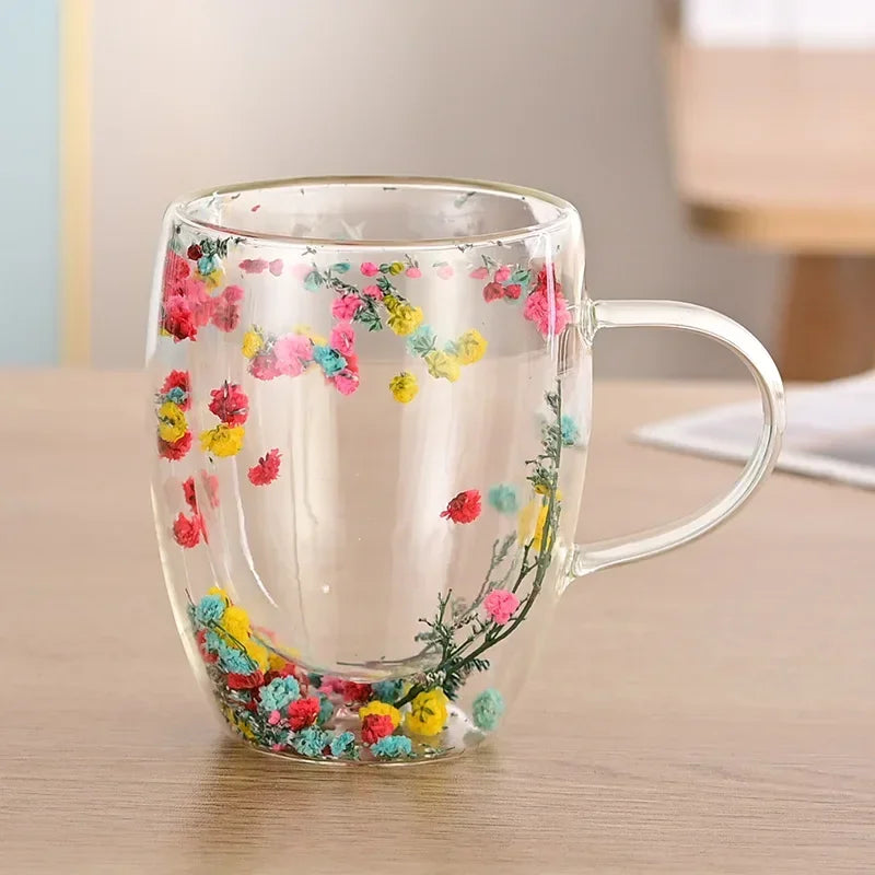 1PCS 300ml Double Wall Glass Cup with Handle Dried Flower Decorated Ins StyleDurable Coffee Milk Mug Heat Resistant Tea Cups