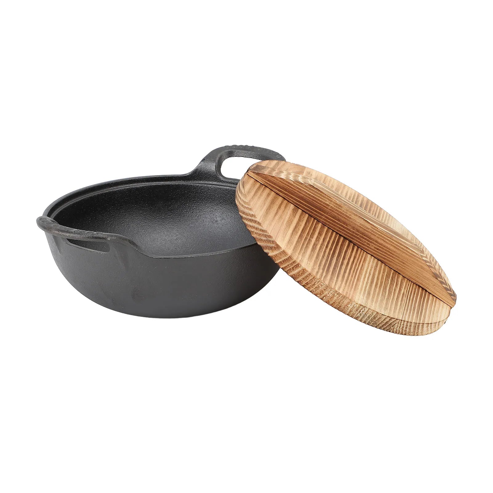 Cast Iron Wok Wooden Lid Flat Base 2 Loop Handle Even Heat Multifunctional Stir Fry Pan for Kitchen
