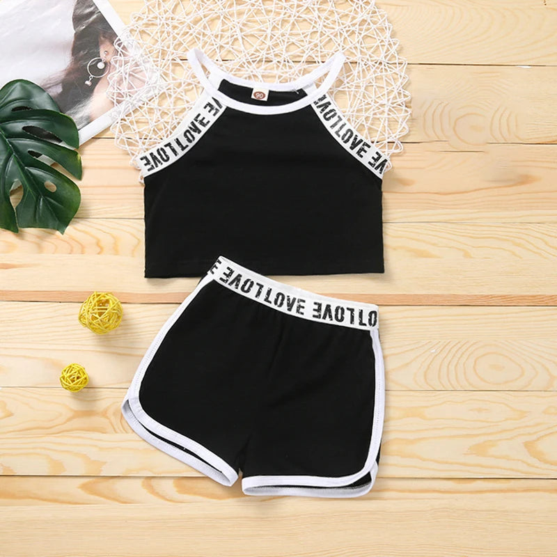 Trendy Summer Children's Sports Clothing Set 2-6Y Patchwork Letter Camisole and Shorts 2Pcs for Girls Kid's Casual Vest Outfit