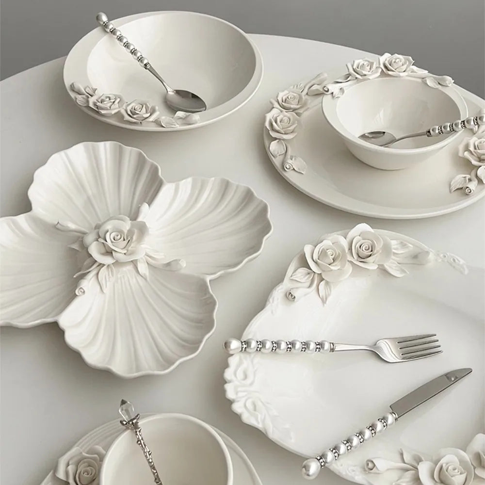 European Relief Hand Held Flower Bowl, Plate, Cup And Tableware Set For Home Afternoon Tea, Exquisite Ceramic Display Plate