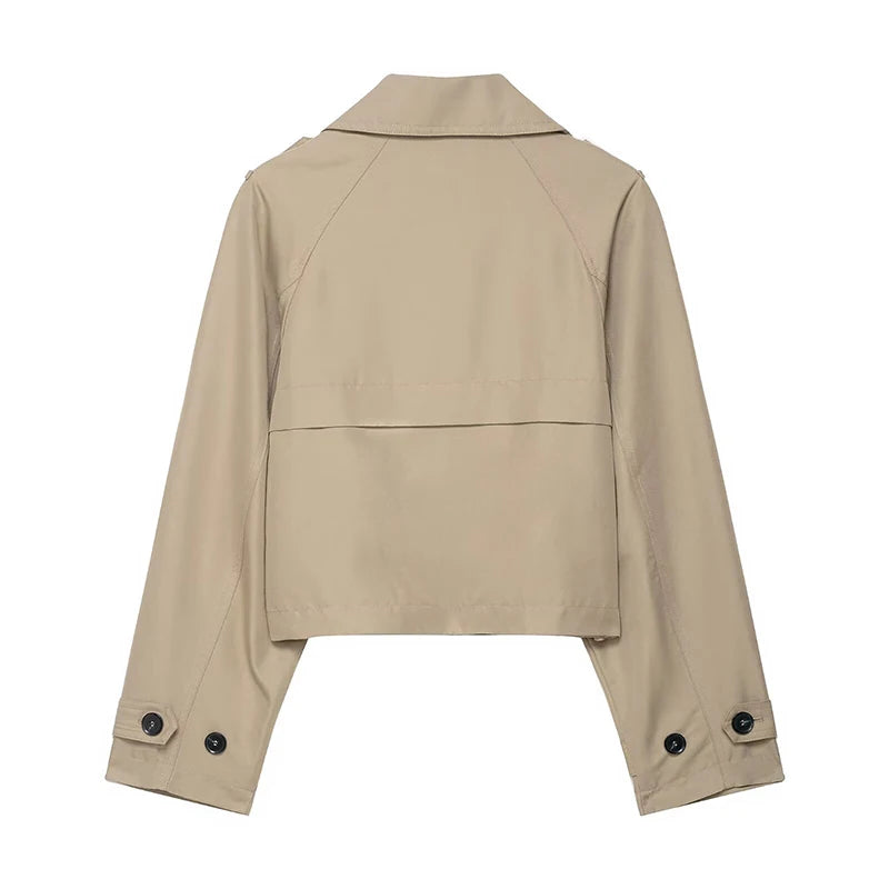 RAFZNB Women's Fashion Double-Breasted Short Trench Coat, Turn-Down Collar, Long Sleeves, Vintage Female Outerwear, Chic Tops