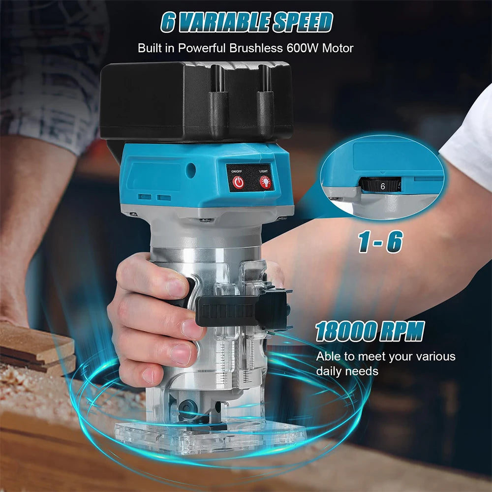 Podofo Cordless Compact Router Brushless Router Wood Trimmer Router 6.35mm Trim Diameter Palm Router Suitable for Makita Battery