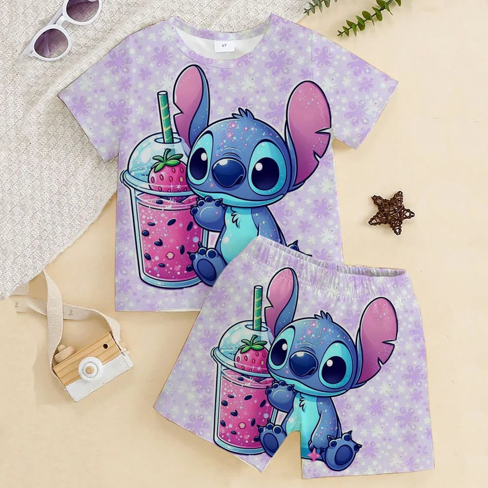 Stitch Children Clothes Round Neck T-shirts+ Shorts Sets Suitability 2-12 Years Boys Girl Casual Summer Short Sleeve Anime Print