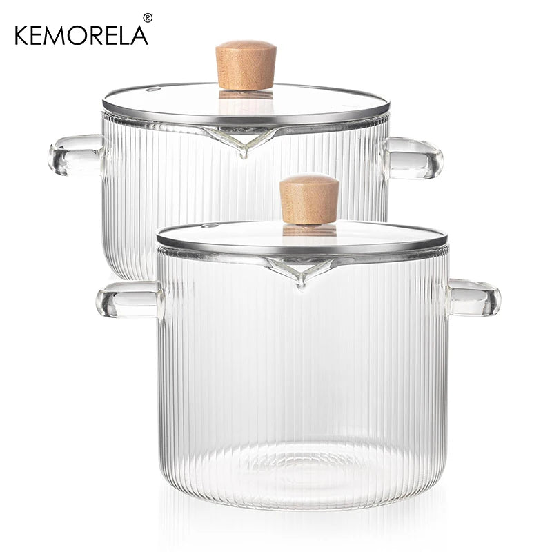KEMORELA 1/2PCS Cooking Pan Simmer Heat Resistant Clear 1.8/2.3 L Saucepan with Cover Handle Pan with Lid for Pasta Salad Noodle