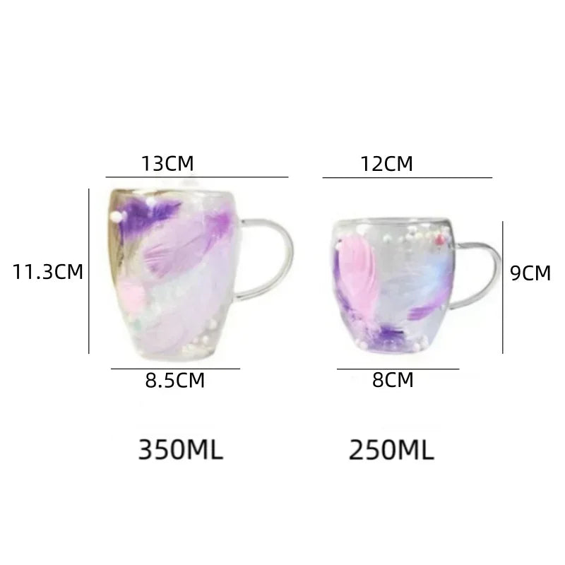 250/350ML Feather Design Glass Cup with Handle Double Layer Coffee Cup Transparent Heat Resistant Home Office Exquisite Gift Cup