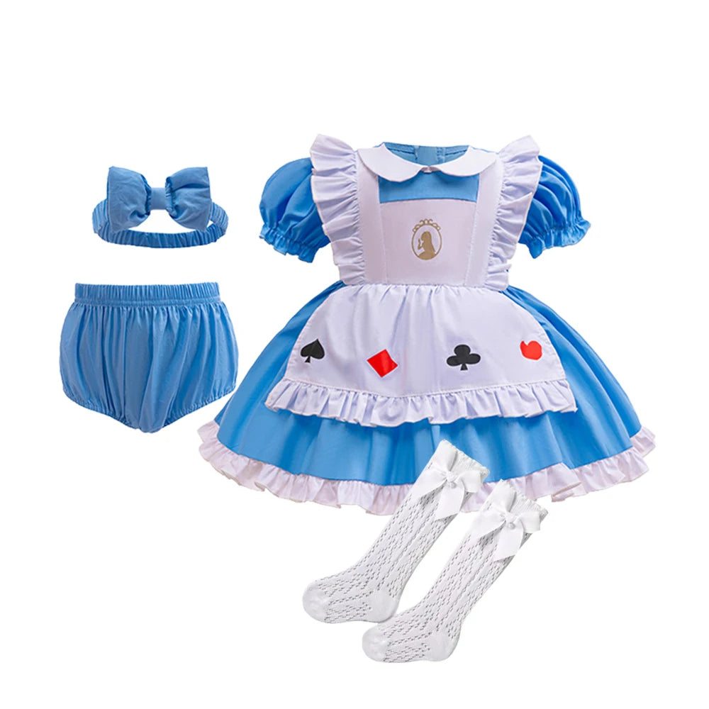 Boutique 3PCS Baby Girls Princess Dress Shorts Bow Headwear 1st 2nd Birthday Party Infant Clothing Set Halloween Alice Costume