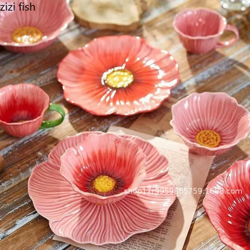 Pink Ceramic Flower Plate Dining Plates Decorative Bowl Dessert Plate Soup Bowls Water Cup Serving Plates Fruit Bowl Snack Bowls