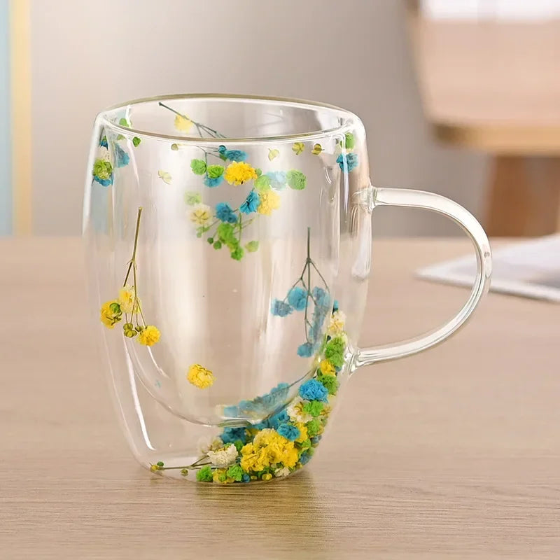 1PCS 300ml Double Wall Glass Cup with Handle Dried Flower Decorated Ins StyleDurable Coffee Milk Mug Heat Resistant Tea Cups