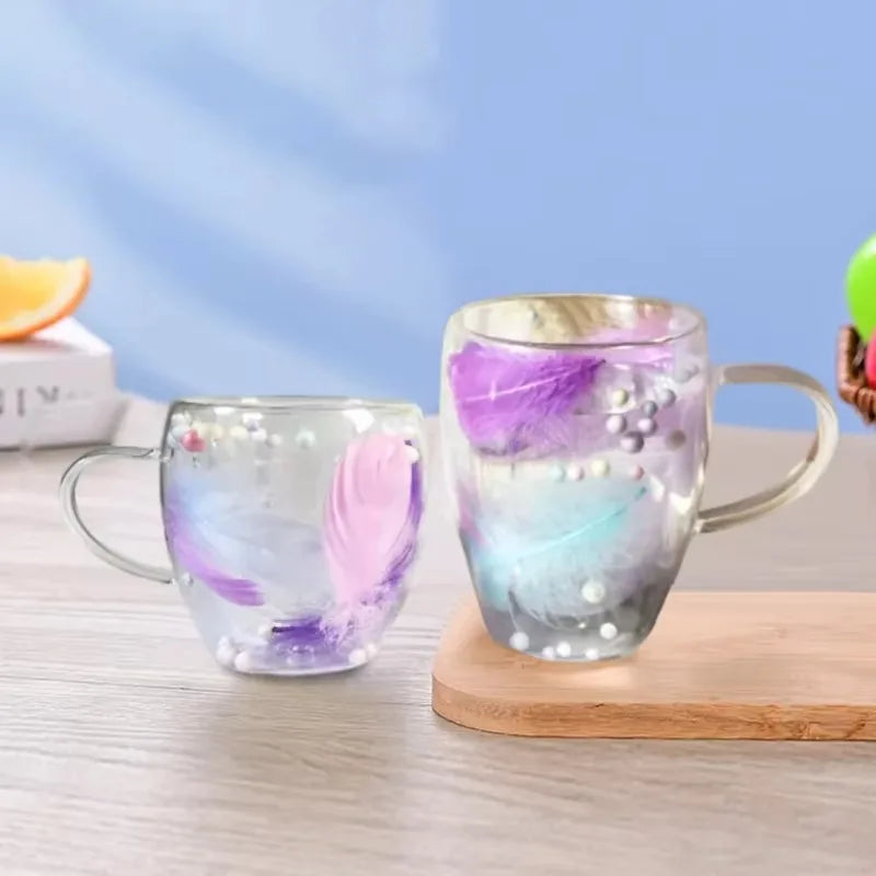 250/350ML Feather Design Glass Cup with Handle Double Layer Coffee Cup Transparent Heat Resistant Home Office Exquisite Gift Cup