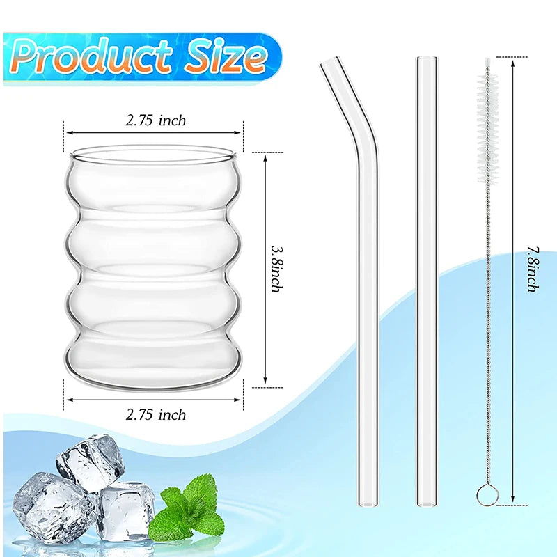 4 Pcs Creative Glass Cups Cute Ripple Shaped Vintage Drinking Glasses Ribbed Glassware with Straws Set for Kitchen Coffee Juice