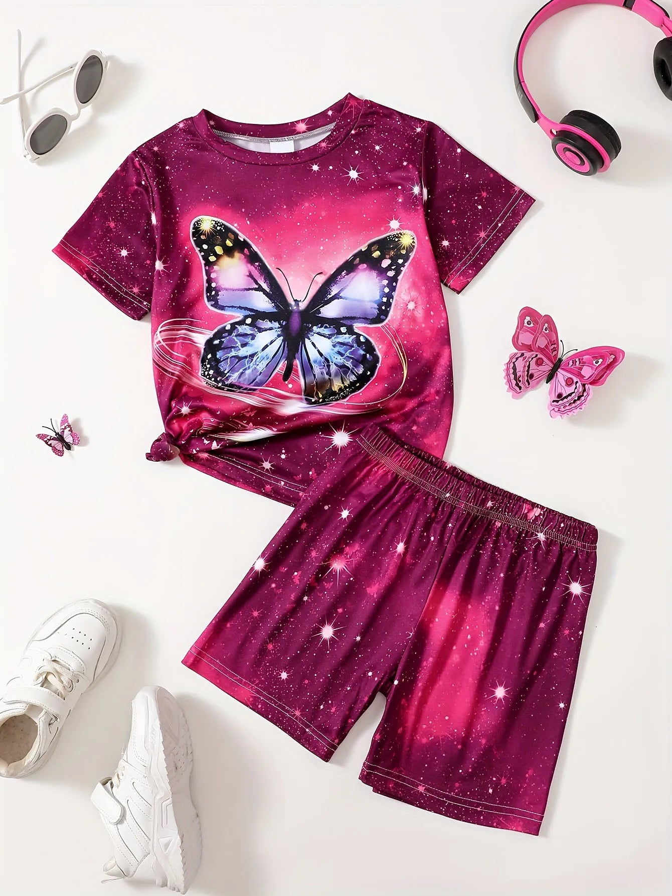Children's Clothing Set for Girls Short Sleeve Girl Shorts 3D Butterfly Print Casual Girls Summer Clothes Pink Children's Sets